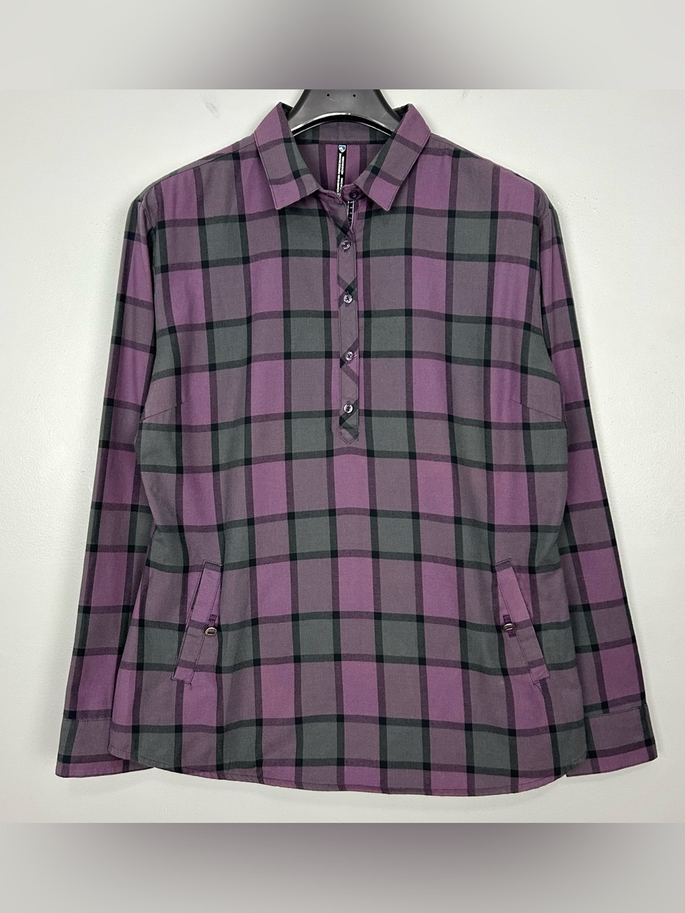 Kuhl Rukus Flannel Pullover Top Women’s Size XL 1/2 Button Front Pockets Plaid